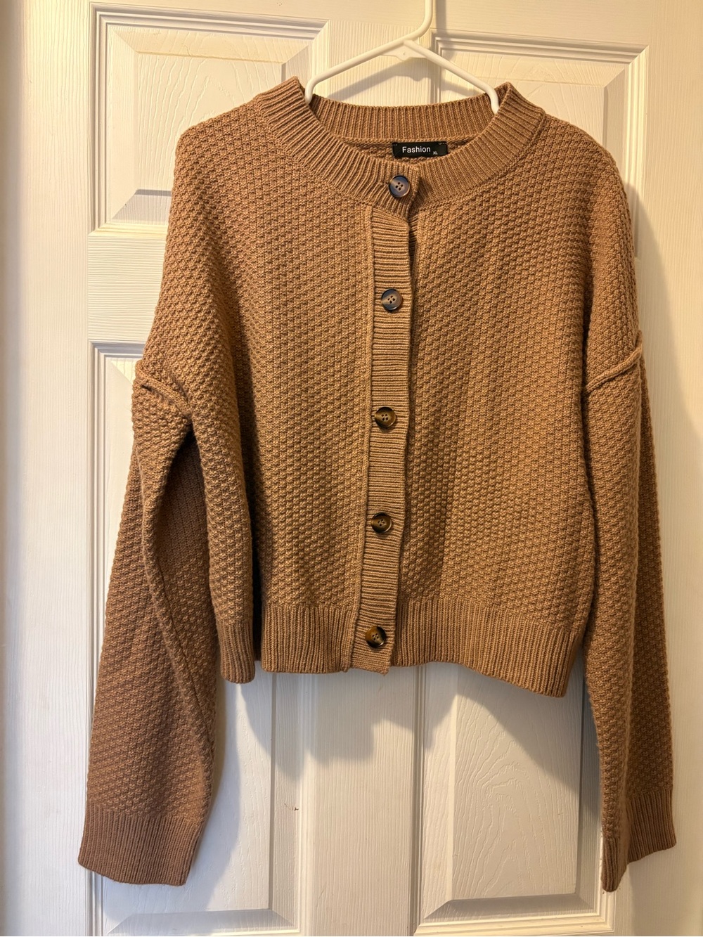 Crewneck Button-Front Sweater Cardigan - Tan